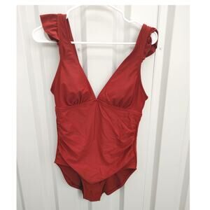 Kona Sol Swimsuit One Piece Ruffle Detail Burgundy Maroon Medium NWOT
